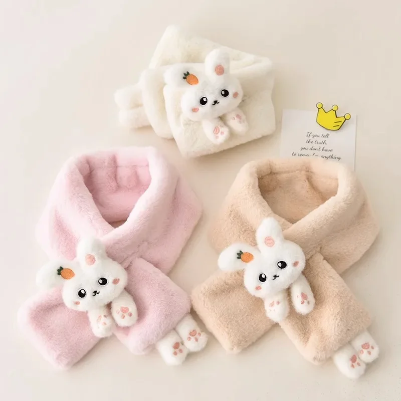 Winter Warm Baby Scarf Cute Cartoon Rabbit Cross Scarves for Kids Boy Girl Solid Color Thicken Plush Neckerchief