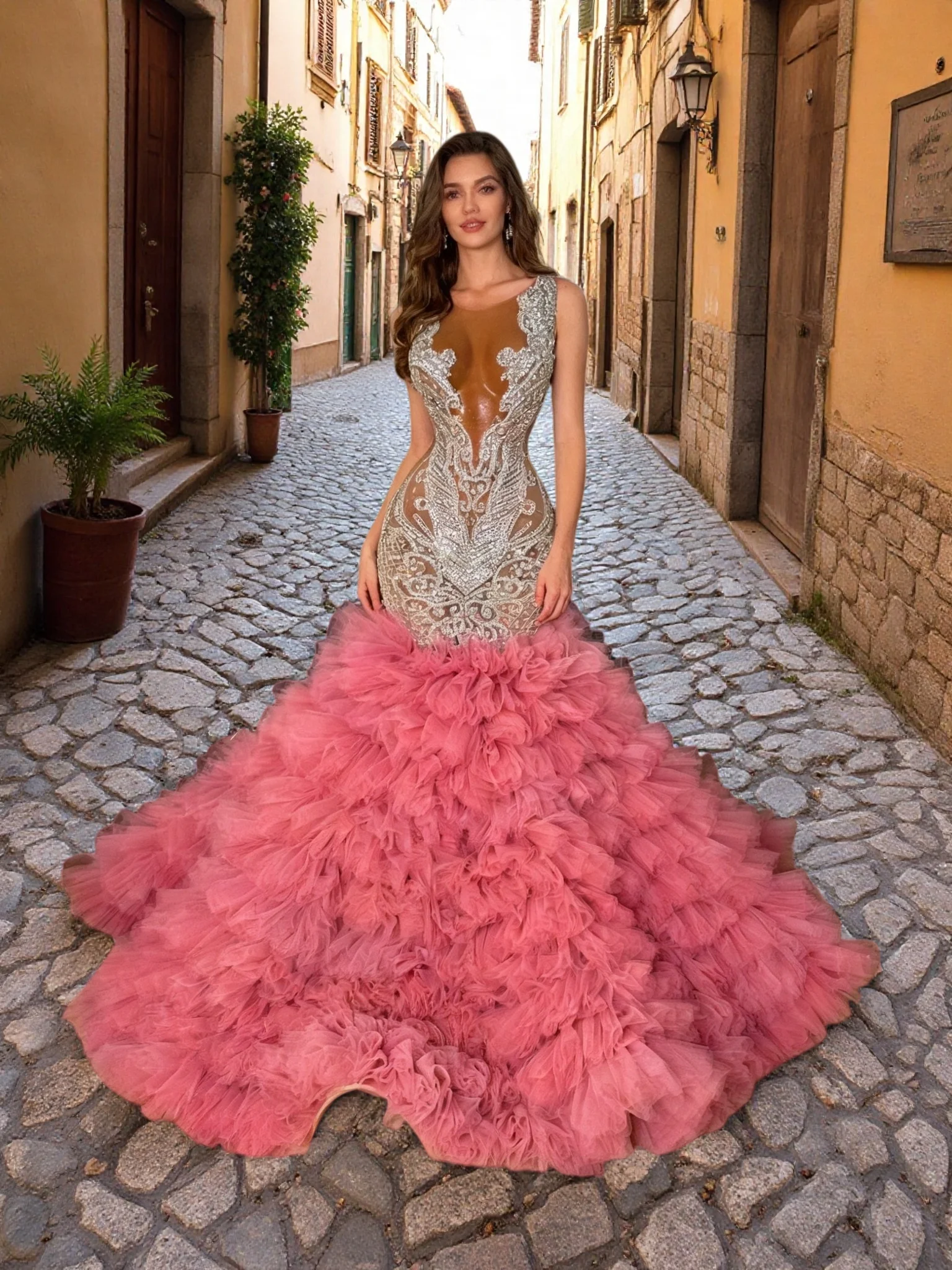 

Hot Pink Crystal Mermaid Prom Dresses Long for Women 2026 Crew Neckline Ruffle Beaded Diamond Formal Evening Gowns Customized