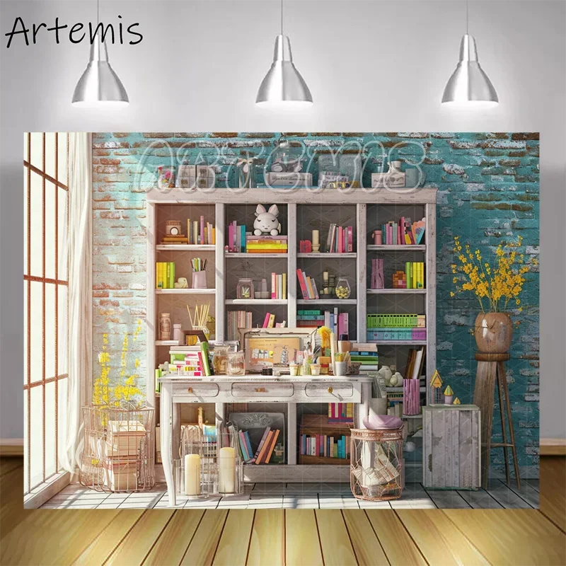 

Spring Photography Backdrop Bookshelf Vibrant Colorful Books Desk Pink Decorations Baby Shower Birthday Background Photo Studio