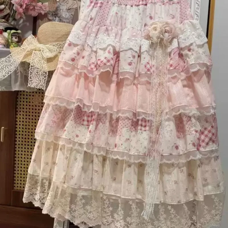 Vintage Asymmetrical Patchwork Sweet Fairy Cake Skirt France Elegant Flowers Loose Fit Skirts Aesthetic Princess Casual Clothing