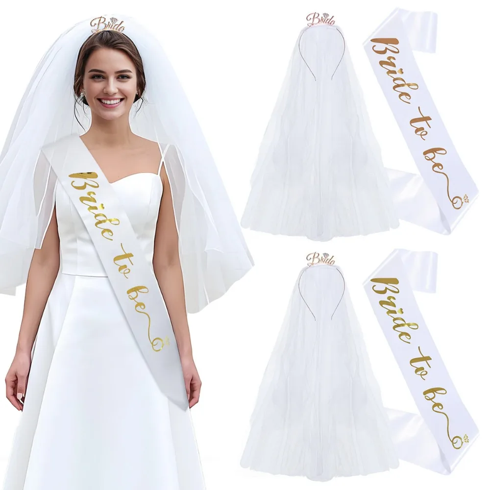 Conjunto de 3 peças de faixa para noiva, tiara e véu para chá de panela, casamento, despedida de solteira, festa de despedida de solteira, suprimentos de decoração