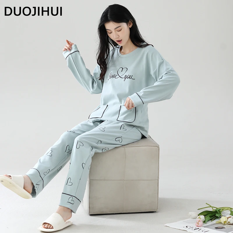 DUOJIHUI Pure Color Chic Pocket Casual pigiama per le donne autunno nuovo con pettorina Pullover Basic Pant Simple Female pigiama Set