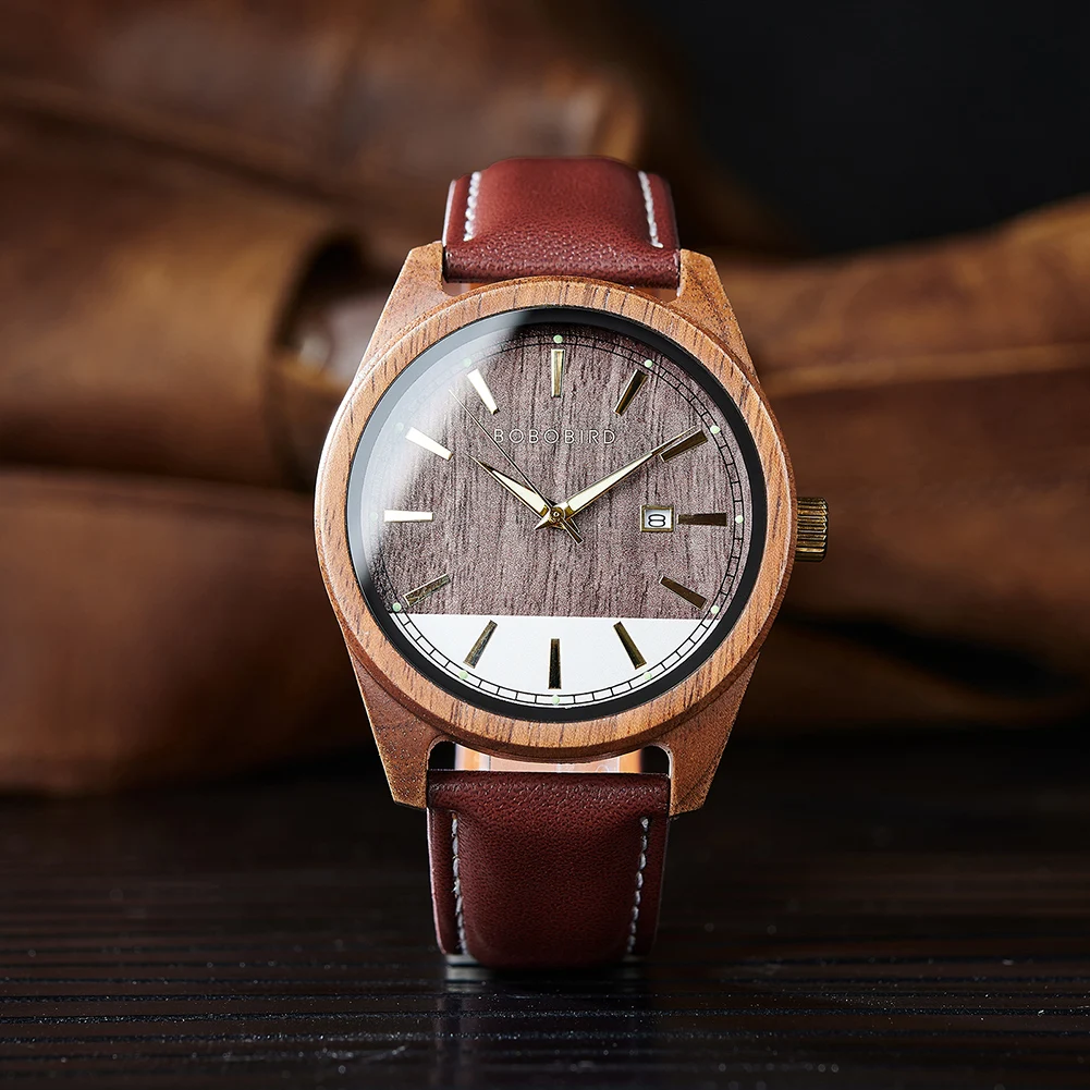 Men\'s Leather Wristwatch New BOBO BIRD Watch Men Wooden Watches Special Design Japanese Quartz Movement Timepieces Custom Gift