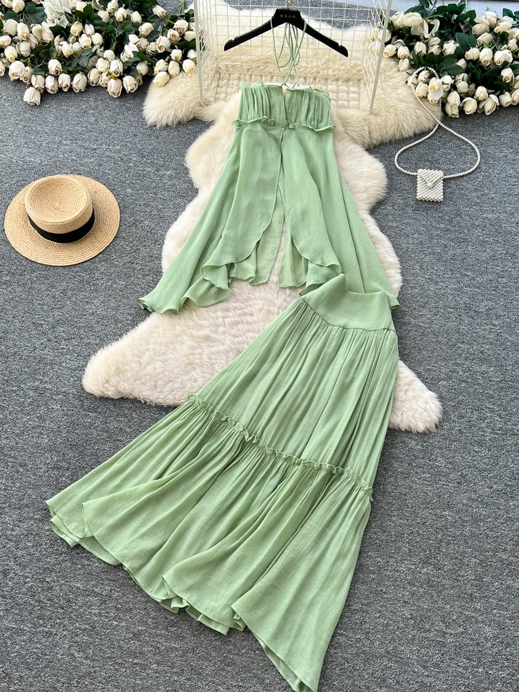 

Elegant Summer Outfit High Waist Ruffle Skirt And Necktie Top Commute Set Women's Fashion Two-Piece Set Casual Workwear