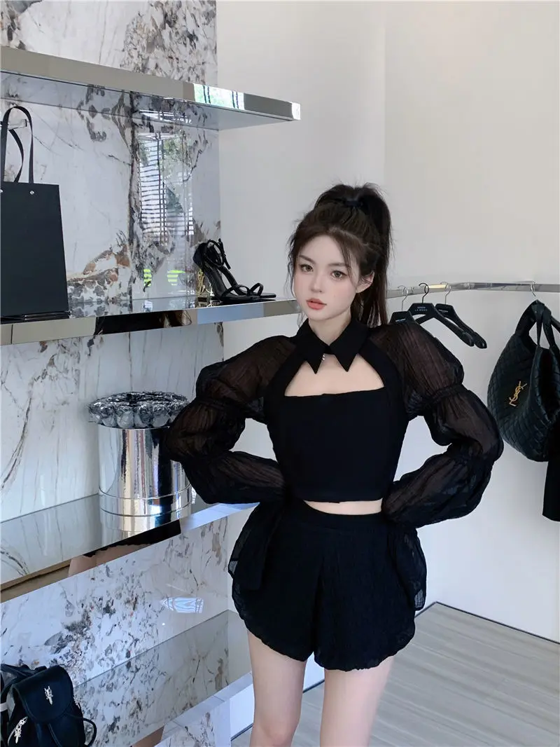 Blouses Women Spring Black Sweet Schoolgirl Trendy Hot Sale Korean Style Holiday Crops Blusas Ladies Leisure Solid Elegant Club