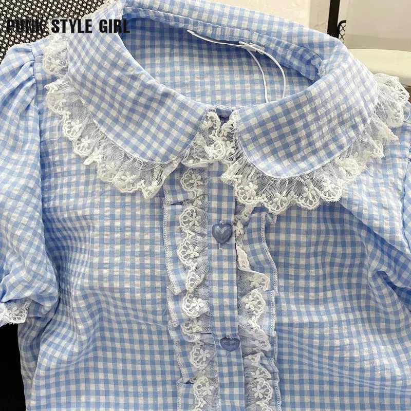 Lace Plaid Print Summer Women Kawaii Blouses Lolita Japanese JK Shirt Peter Pan Collar Cute Girls Sweet Puff Sleeve Blusas Mujer