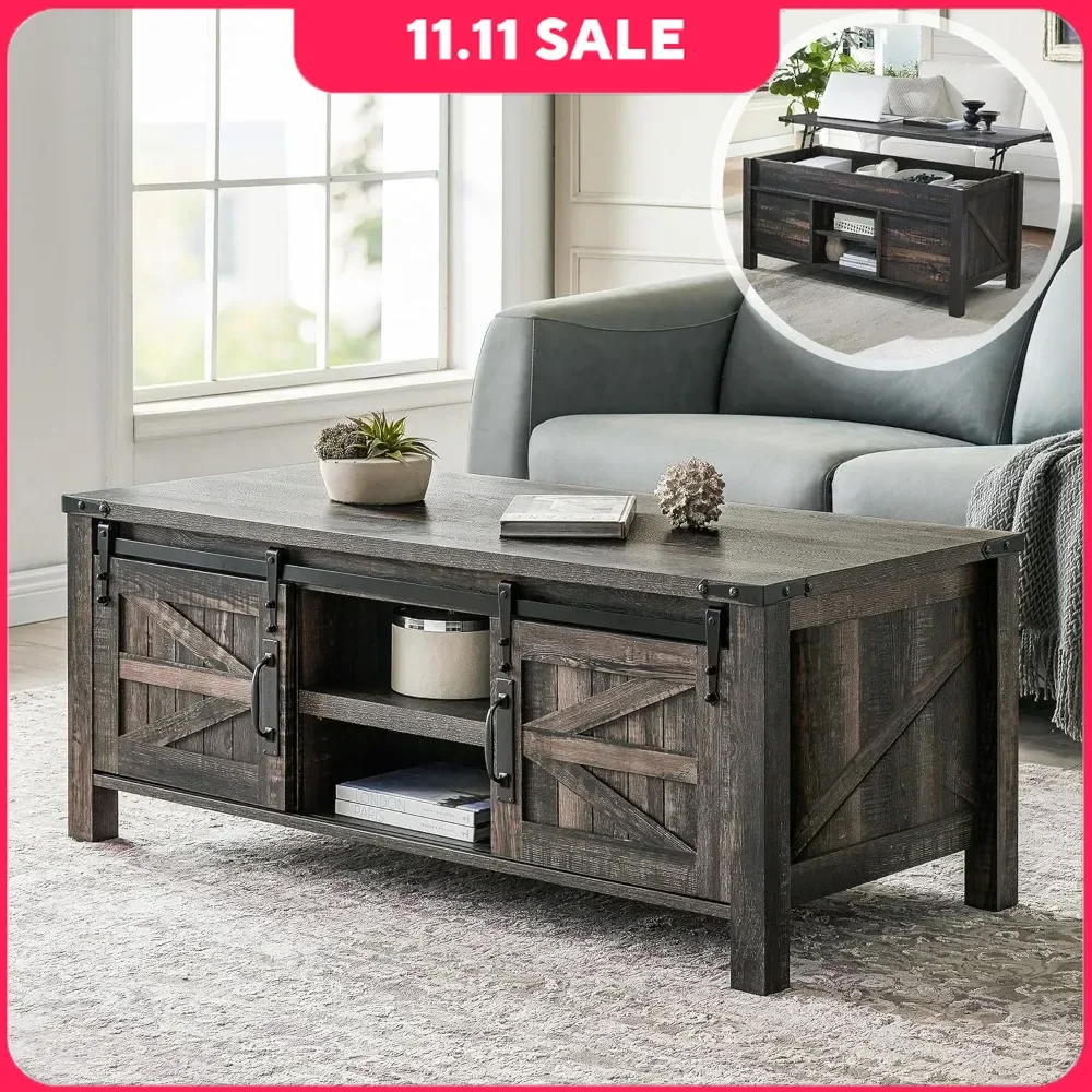 

48 Inch Farmhouse Lift Coffee Table with Sliding Barn Door, Hidden Storage Compartment, Lift Tabletop, and Adjustable Shelf