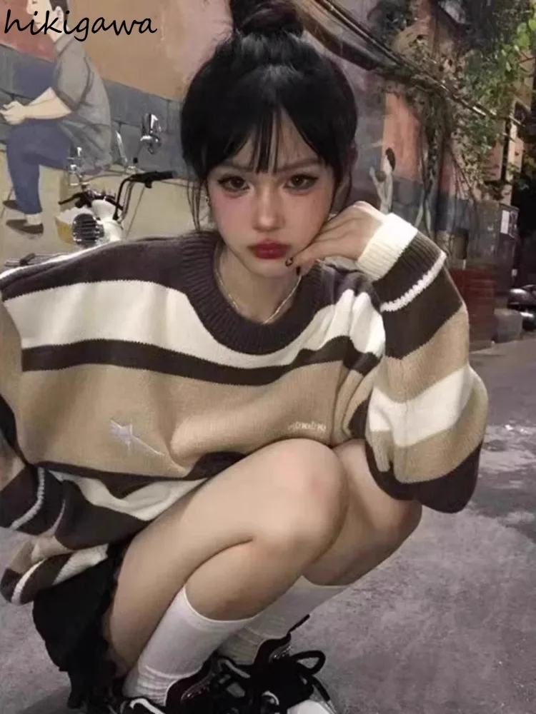 2023 Women's Clothes Fashion Striped Oversized Sweater Pull Femme Casual O-neck Jumper Star Embroidery Knit Pullovers Y2k Tops