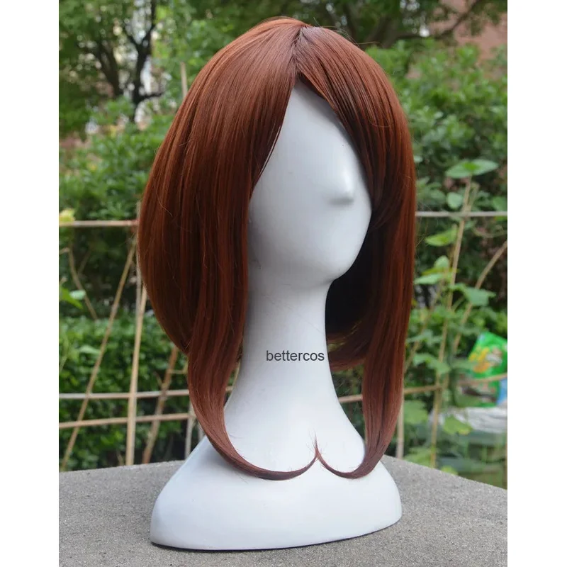 Pelucas de Cosplay de My Hero Academia Boku no Hiro Akademia Uraraka Ochako, pelo sintético corto marrón Bob resistente al calor + gorro de peluca