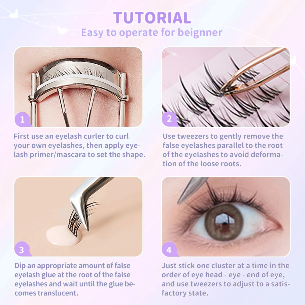 ANJOSIRMA eyelash extensions ชุดกาวและแหนบ 10 แถว DIY ขนตาปลอมธรรมชาตินุ่มสไตล์มังงะ reusable cluster