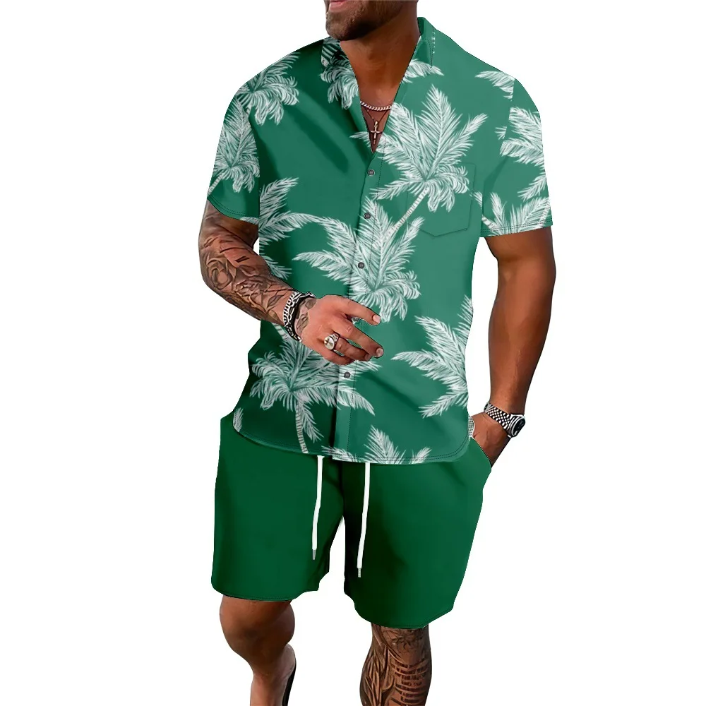 

Digital Leaf Print Summer Hawaii Men's Casual Set Men Clothing