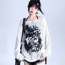 2024 New O-neck Graffiti Print White Tops Women Y2k E-Girl Long Sleeve Loose T-shirts Fashion Thin Knitted Pullover Sweater