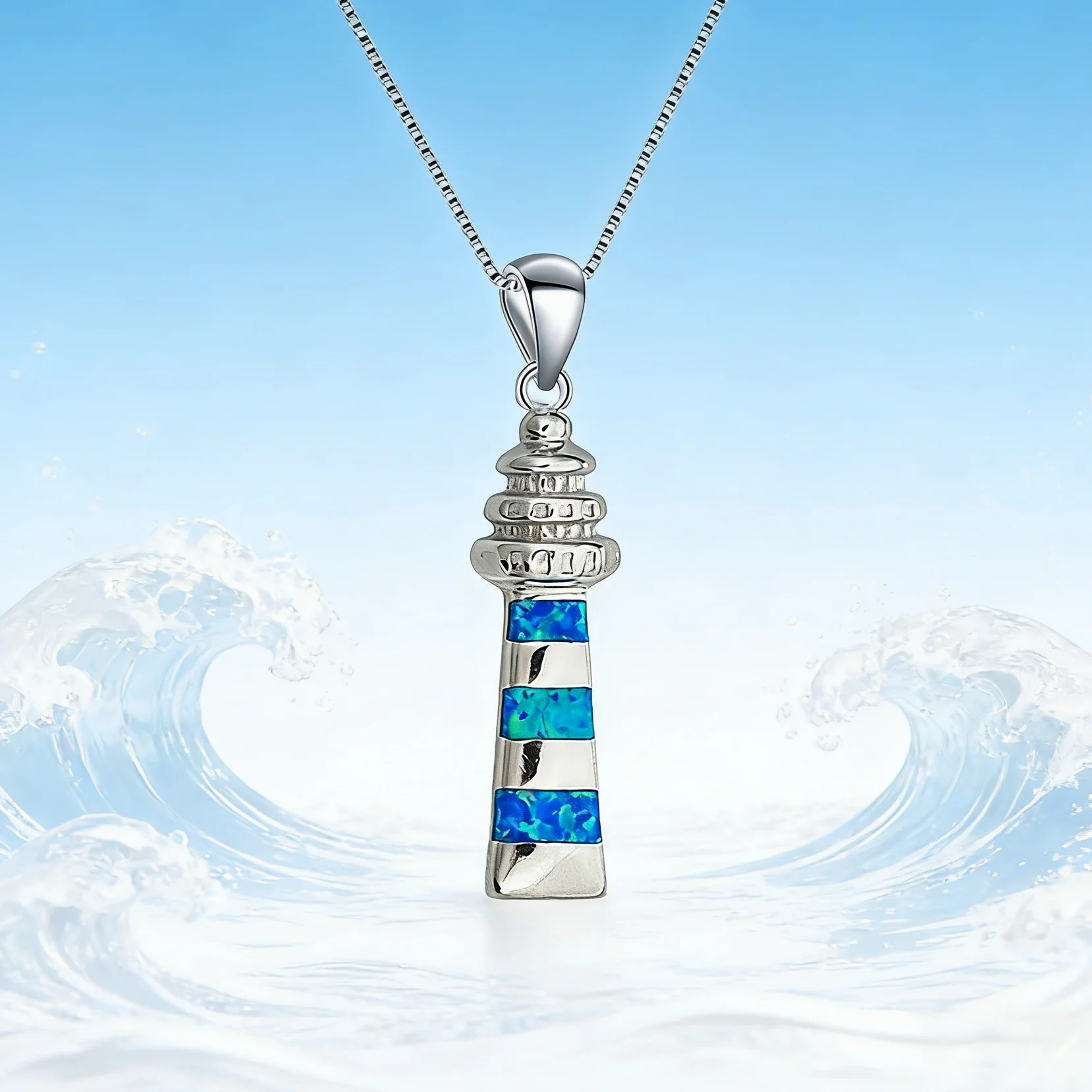 قلادة على شكل منارة للنساء، سلسلة بحرية قابلة للتعديل مع أوبال أزرق، هدية مجوهرات للسفر على شكل المحيط للرجال والنساء