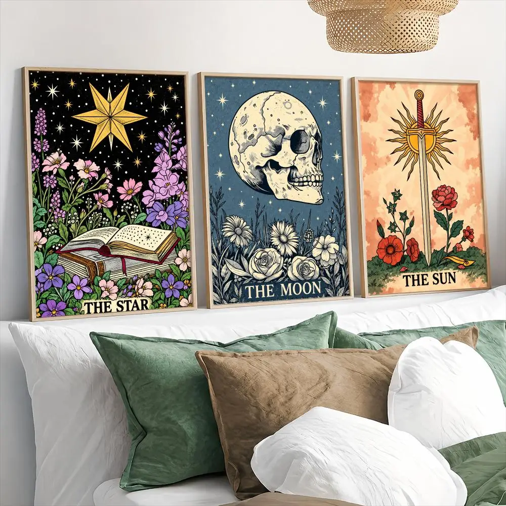The Sun Star Moon Occult Card Painting Calligraphy 3 PCS Canvas Wall Art Prints for Living Room Decor Modern Wall Decals