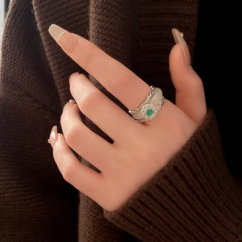DREJEW Zircon Flower Ring Simple Design Touching Jade Index Finger Ring China-Chic Luxury High-end Hand Jewelry Women