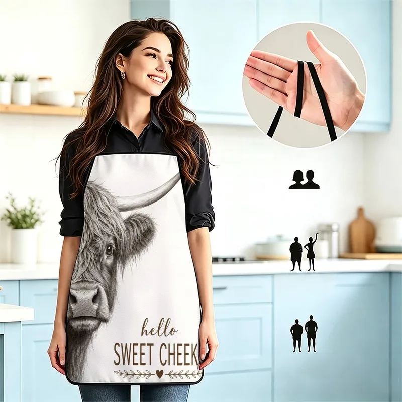 1PC【Apron】2DFlat effect，Focused on leisure，bag features a realistic print of a Highland cow in a simple retro style，Suitable