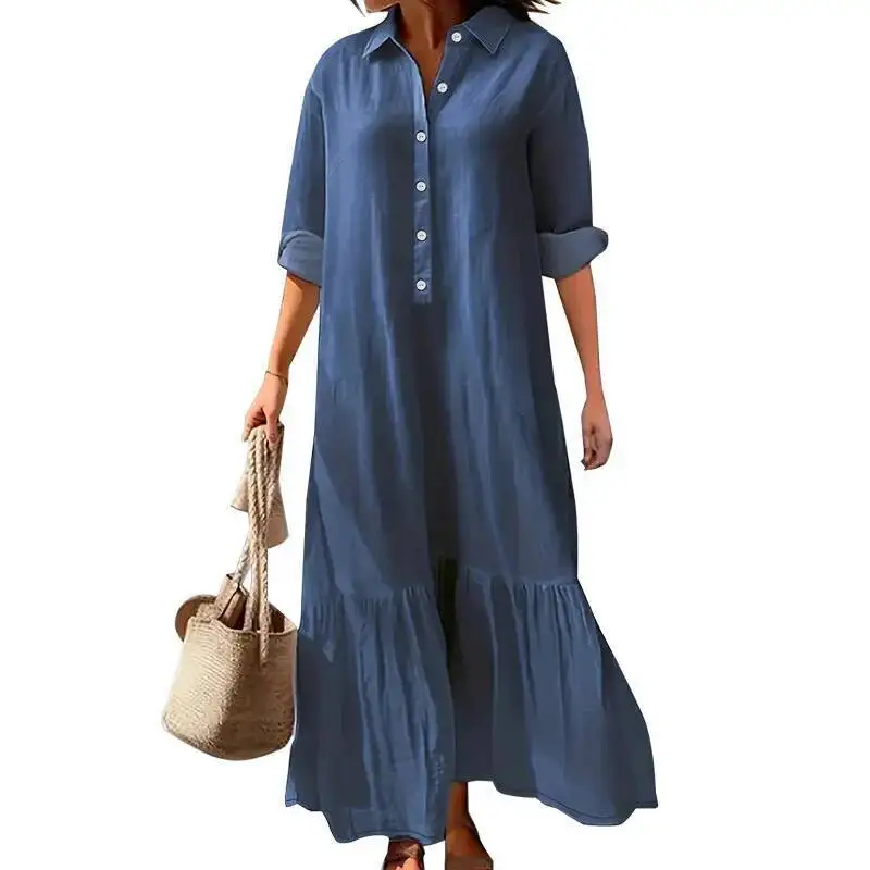 ชุดเดรสแฟชั่นผู้หญิง 218717 ดีไซน์หรูหรา แขนยาว ปกพับได้ เหมาะสำหรับใส่ไปชายหาด งานพรอม ชุดลำลอง ชุดคลุมฤดูร้อน 2025 ชุดเดรสยาว