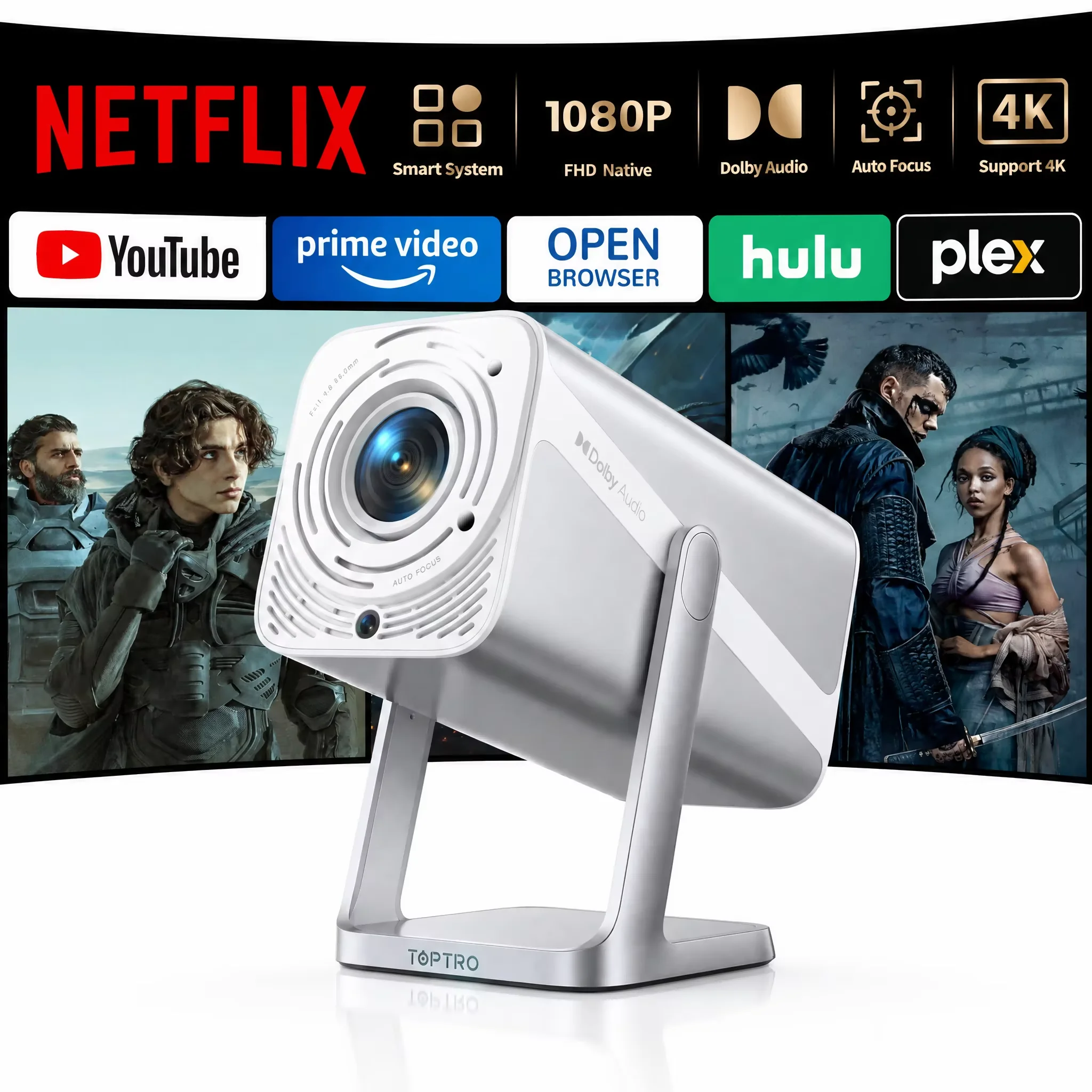 TOPTRO Projector 960ANSI Netflix Officially 1080P Auto Focus Support WIFI6 Mini TP1 Projector For Home Movie Theater
