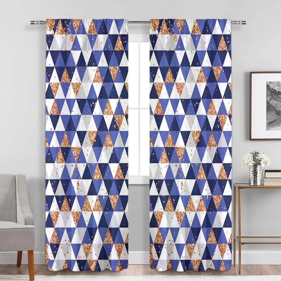 2PCS Digital Print Curtains, Navy Blue White Gold Triangle Mosaic Glitter, Modern Luxury for Living Room Bedroom Decor