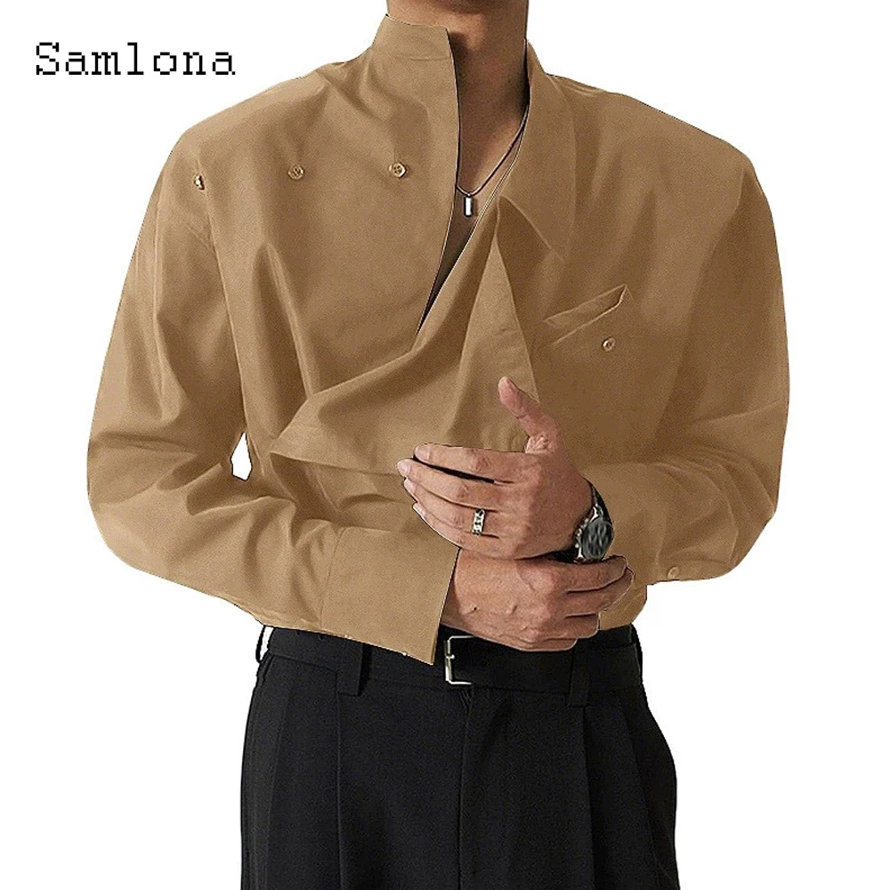 เสื้อเชิ้ตแขนยาวผู้ชาย คอเฉียง แฟชั่นยุโรป 2025 เสื้อเบสิก เสื้อเบลาส์ผู้ชาย เสื้อเชิ้ตออกงานกลางคืนสุดหรู