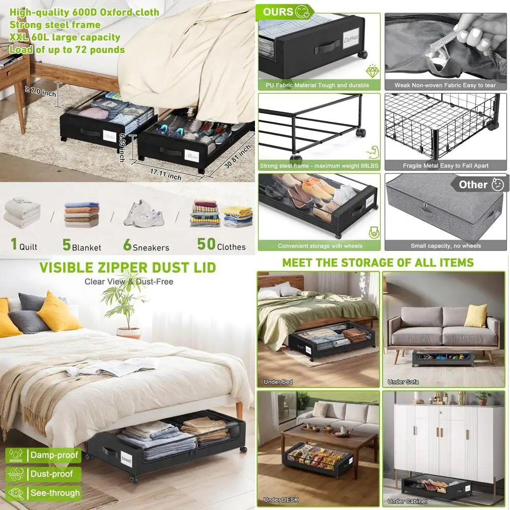

2-Pack XXL 60L Rolling Metal Underbed Storage Drawers with Clear Lids for Clothes, Shoes, Toys, Books - Black