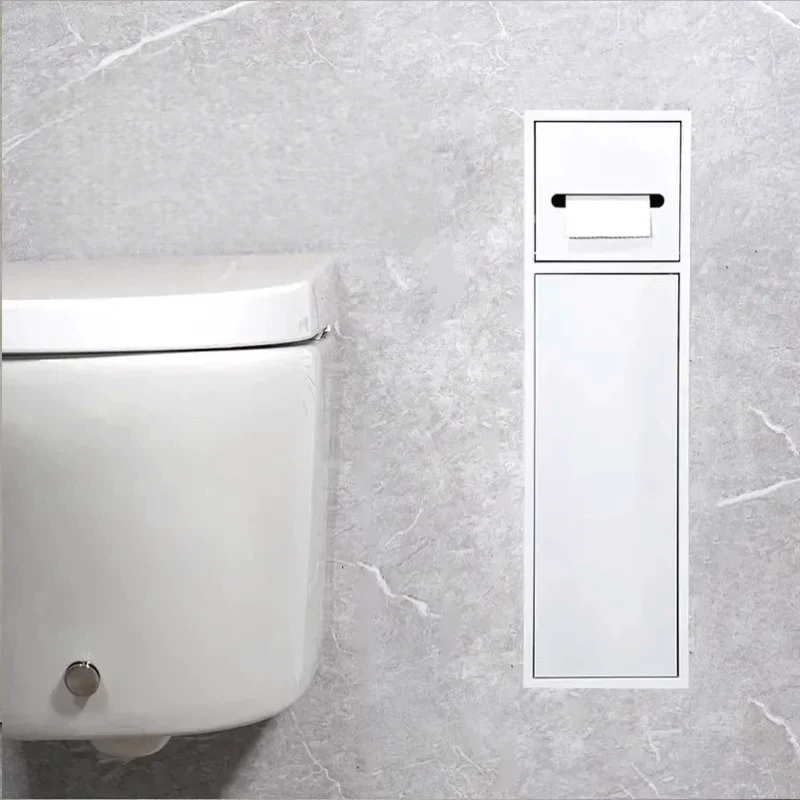 Stainless steel embedded toilet next to concealed tissue box trash can multi-functional niche custom cabinet