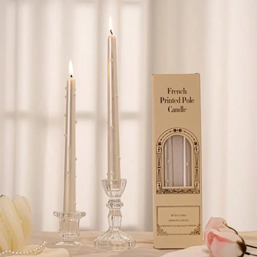Set of 2/4 Long Stem Pearl Candles (25cm), Classic European Hotel Table Decor, Smokeless Wax for Romantic Candlelight Dinners