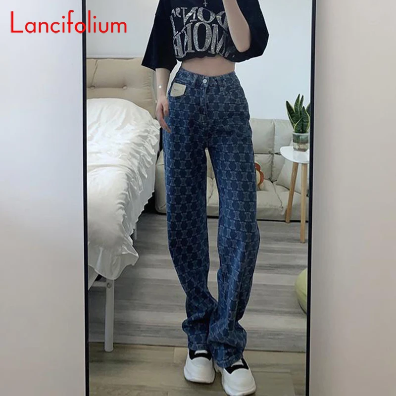 Streetwear Blue Plaid Denim Pants Summer Thin Korean Vintage Harajuku Print Baggy Wide Leg MAXI Straight Jeans Pants Women 2022