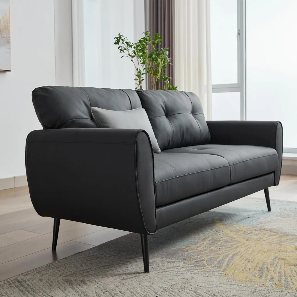 Mini divano moderno di metà secolo, divanetto piccolo da 61", ecopelle nera, comfort trapuntato per soggiorno ufficio