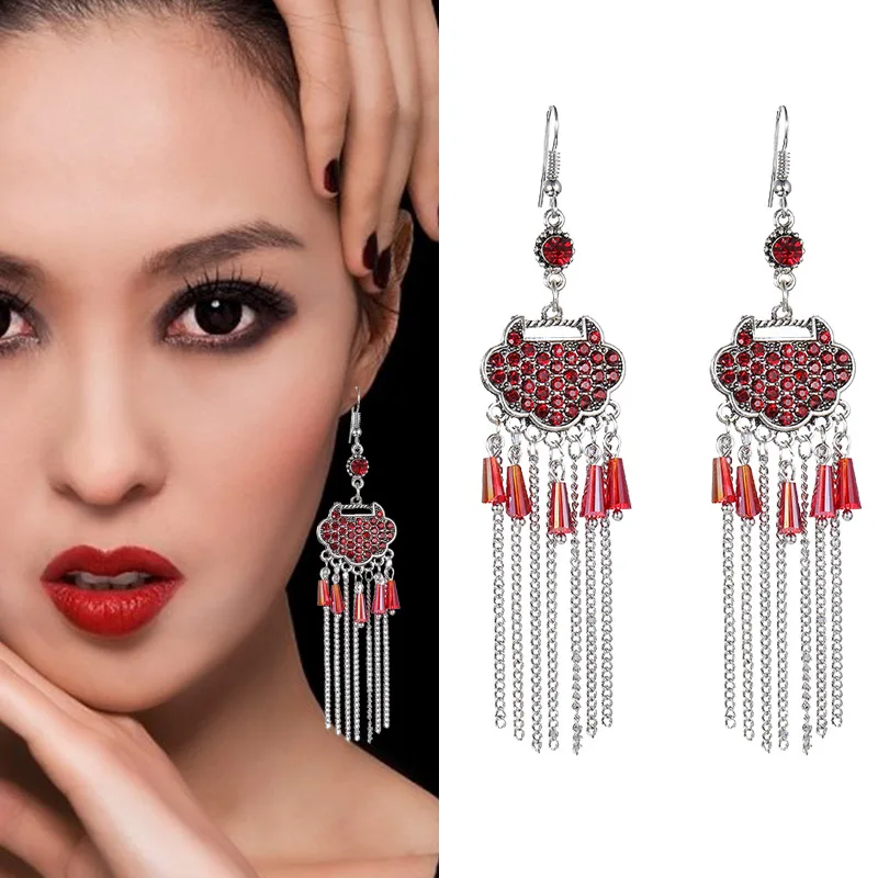 Creative Longevity Lock Vintage Tassel Earrings Women Full Diamond Long Style Chinese Style Earrings Wholesale turquoise aretes