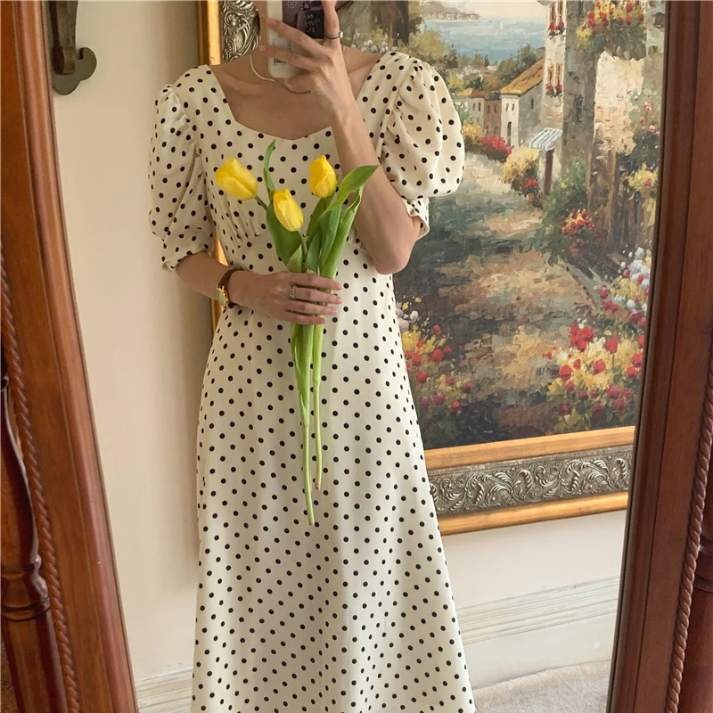 فستان صيفي أنيق بتصميم كلاسيكي منقط، ذو ياقة على شكل حرف V، مع حزام، أكمام فقاعية، تصميم نحيف، على الطراز الكوري، خصر مرتفع، ...