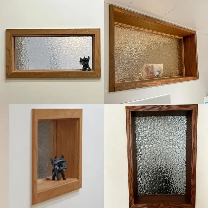 Solid Wood Fixed Window with Embossed Glass Decorative Frame for Bedroom Kitchen Home Interior Design