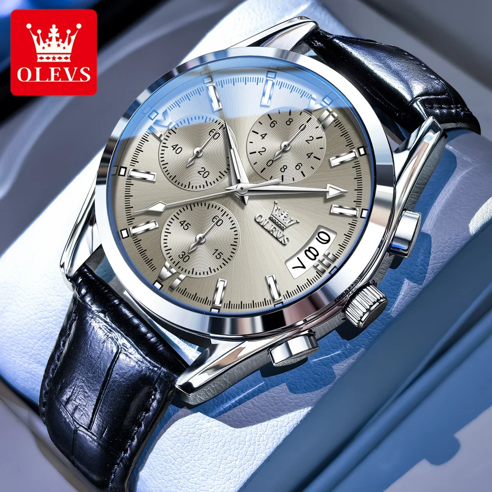 

OLEVS 2987 Watches For Man New Original Business Chronograph Quartz Watch Waterproof Luminous Leather Strap Mans Watch Gifts