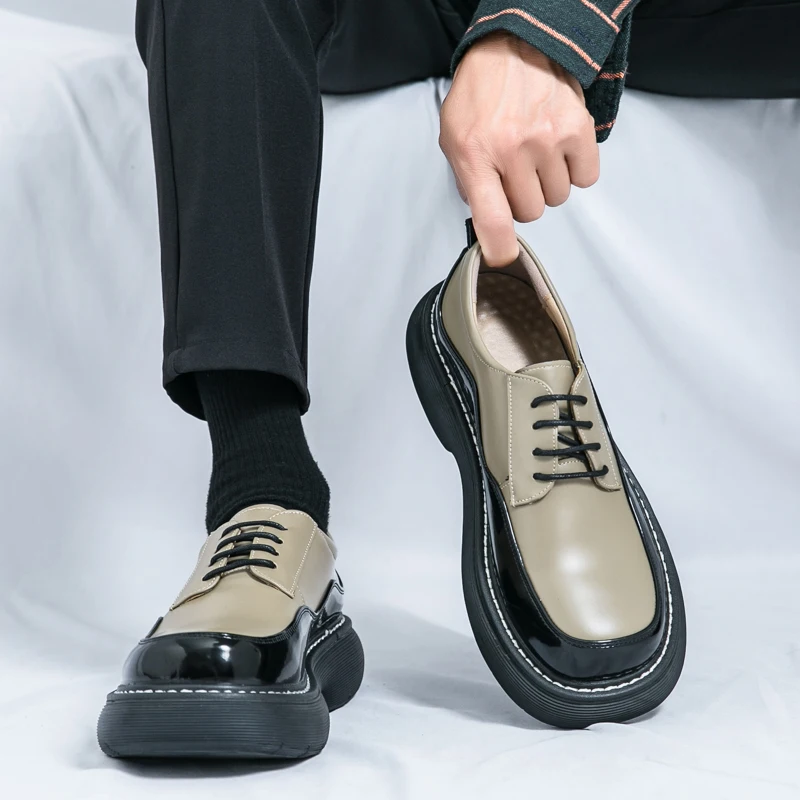 Original Design Sense Of Advanced Dress Men Leather Shoes Black Mixed Color Hombre Daily Casual Banquet Height Increasing Shoes