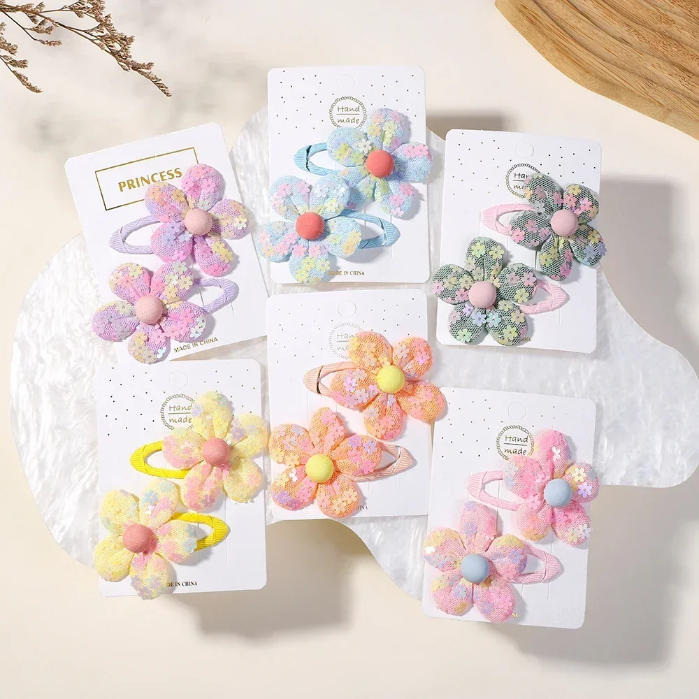 

2 Piece Set Children's Cute Fabric Flower Pair Clip Hair Accessories Girl Hairpin Temperament Baby Headdress Wholesale