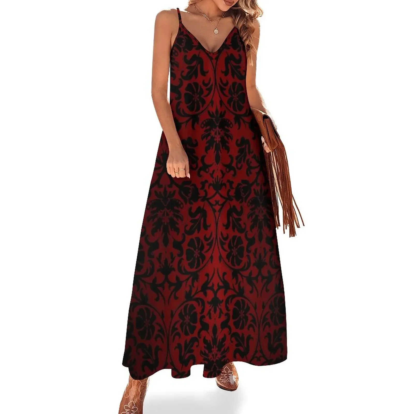 

Dark Red and Black Damask Pattern Sleeveless Dress clothes for woman Dress for girls Women's summer long dress