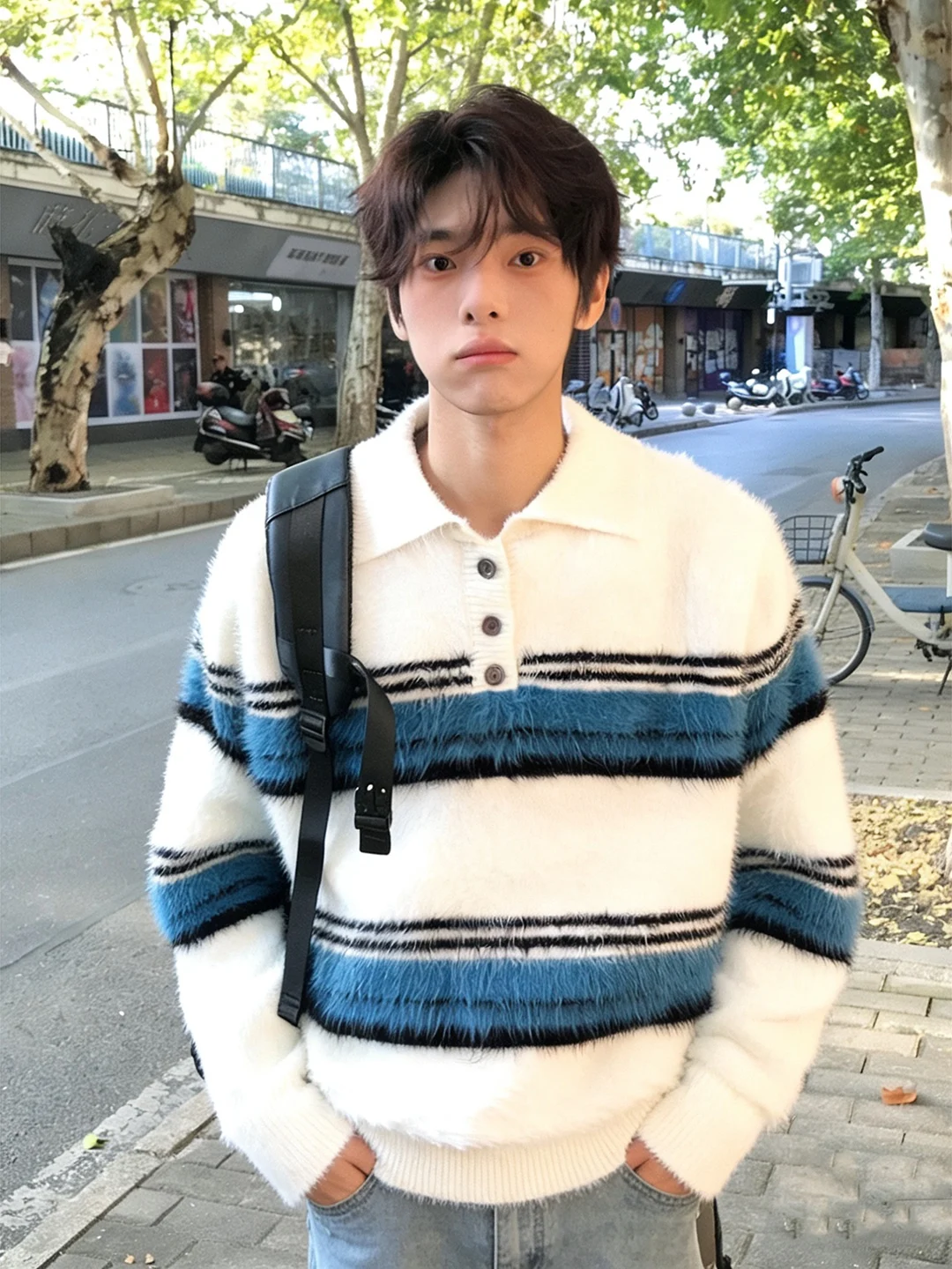 

Мужской зимний свитер в полоску в американском стиле, с воротником, трикотажный, молодежный, повседневный, свободного кроя, с длинными рукавами