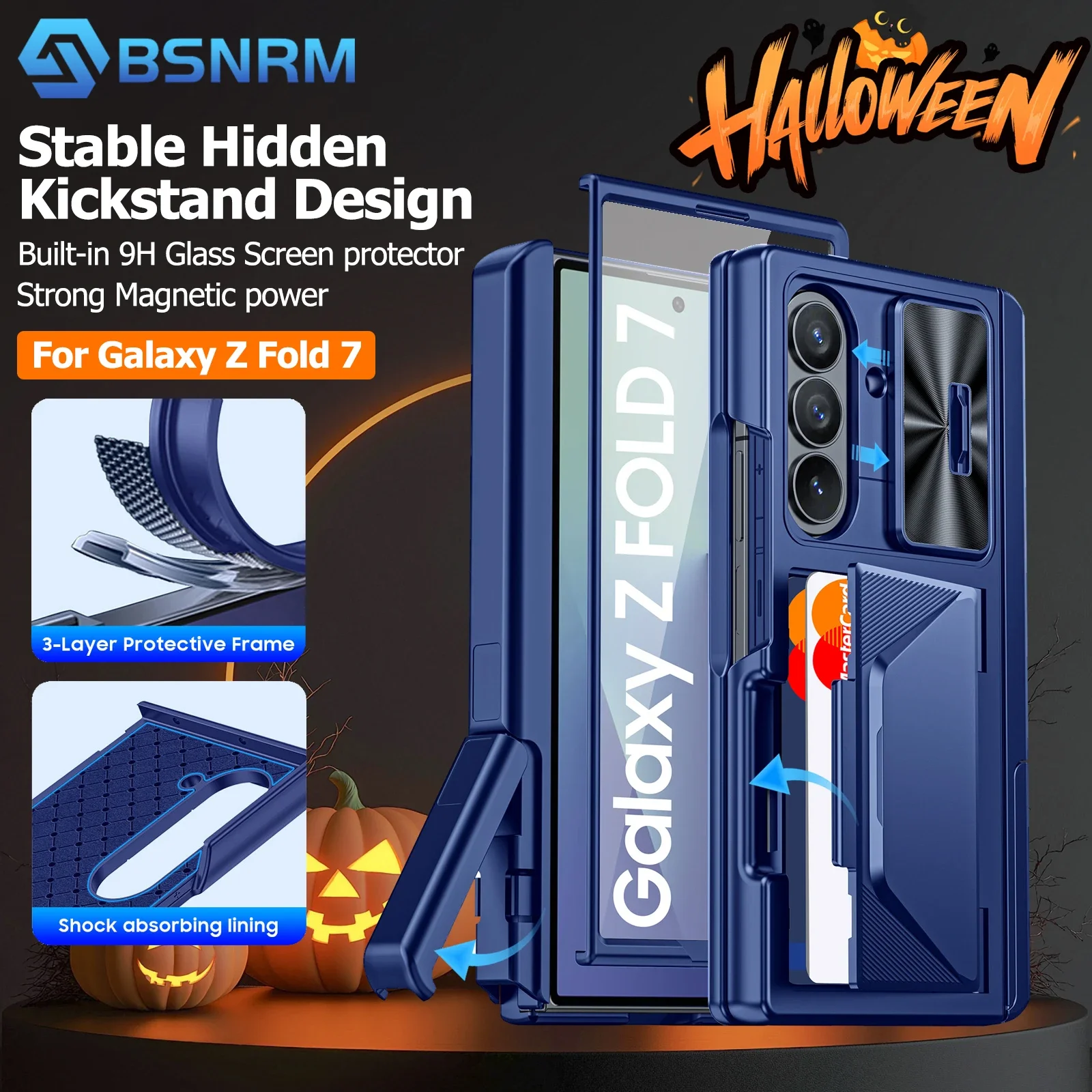 Regali di Halloween, porta carte RFID, staffa nascosta, cover per fotocamera, custodia antiurto per Samsung Galaxy Z Fold 7-Blue