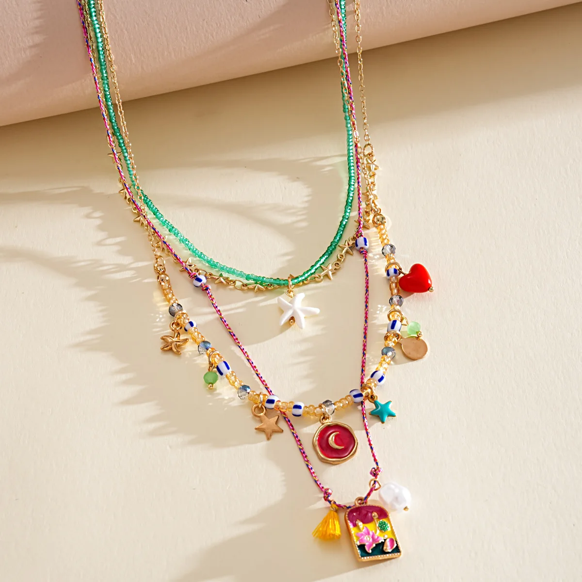 DOO MEI 4 Pcs/set Colorful Glass Beaded Chokers Necklaces Dripping Oil Heart Flower Moon Star Pendant Necklace Bohemian Jewelry