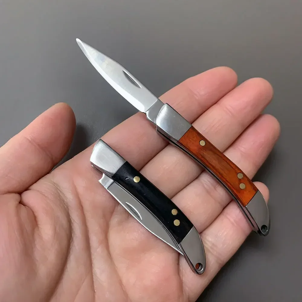 Outdoor Camping Portable Pocket Mini Folding Knife Stainless Steel Blade Wooden Handle Keychain Knife EDC Tool For Survival