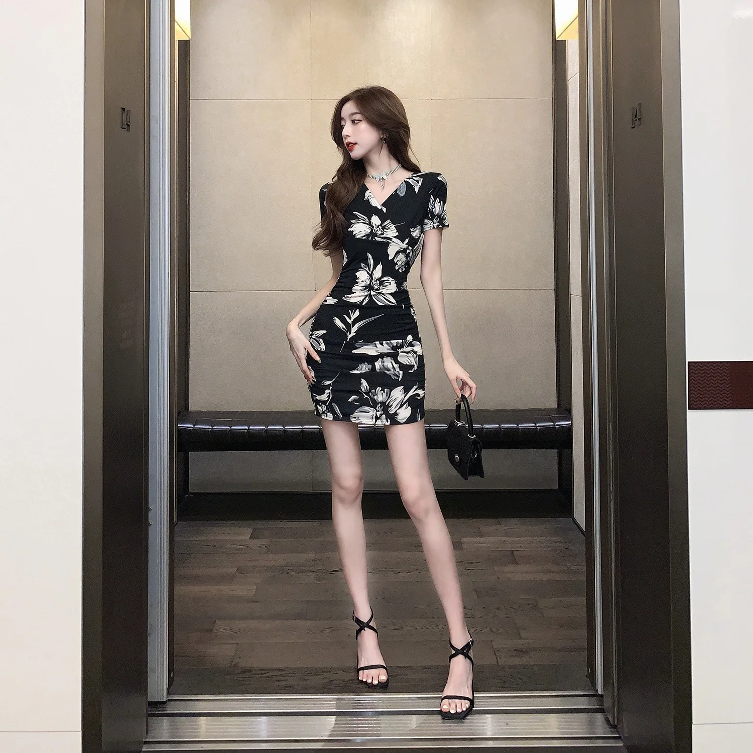 Elegant Black Short Sleeve Dragon Print Bodycon Mini Dress Women Hollow Out Cheongsam Dresses 2024 Vestidos Dress Mujer Summer