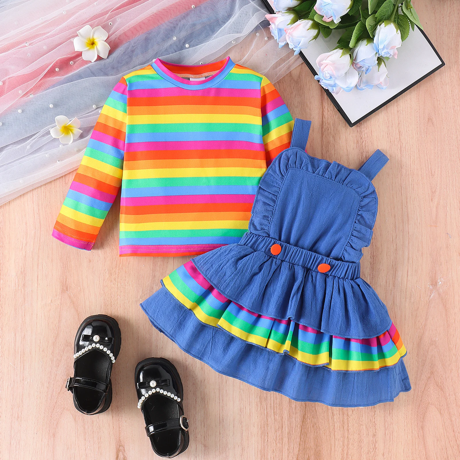 2PCS Autumn New Style 1-4 Year Old Girl Baby Sweet And Cute Round Collar Rainbow Stripe Long-Sleeved Top + Strap Skirt Set