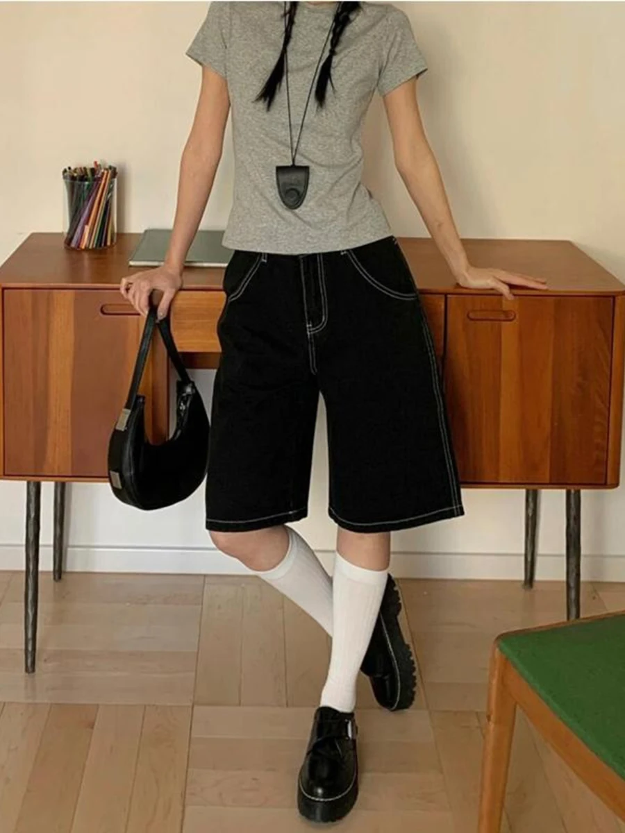 RORORIRI Girl Summer Shorts Plus Size High Waisted Wide Leg Denim Shorts Loose Fit Straight Leg Cropped Pant for Women Black