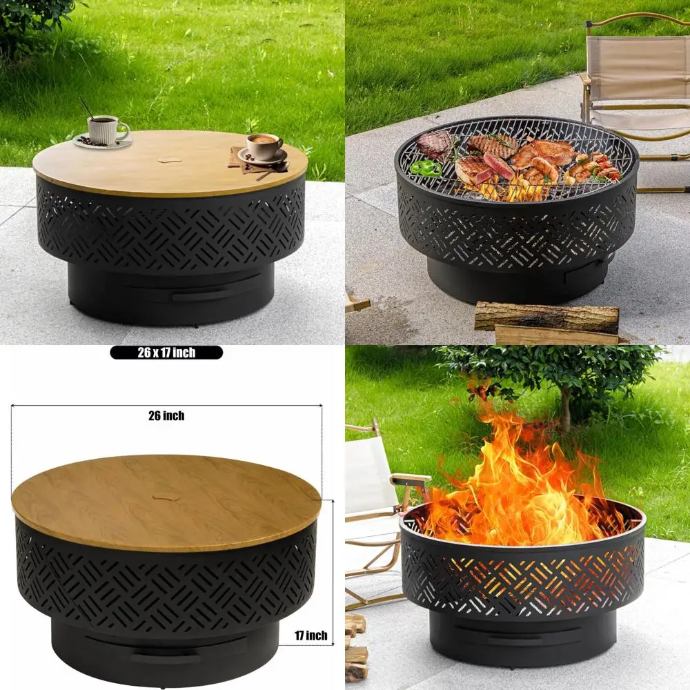 

Outdoor Patio Fire Pit with Grill, Lid, and Waterproof Cover, Complete with Fire Poker