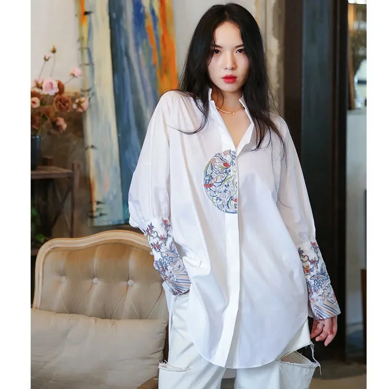 Retro Heavy Industry Embroidered Shirt Top For Women 2023 Autumn New Female Chinese Standing Collar Loose Mid length Blouses