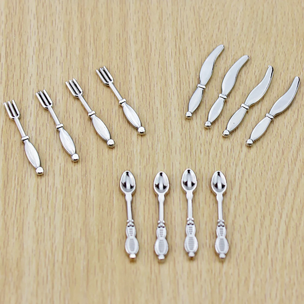 12Pcs 1/12 Dollhouse Miniature Metal Knife Fork Spoon Mini Tableware Model Toy for Doll House Accessories Decoration ob11 bjd