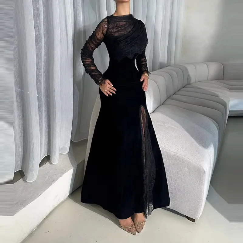 Round‑neck lace long‑sleeve evening gown with draped mesh skirt, modest full‑coverage cut. Custom‑made & multi‑colors available,