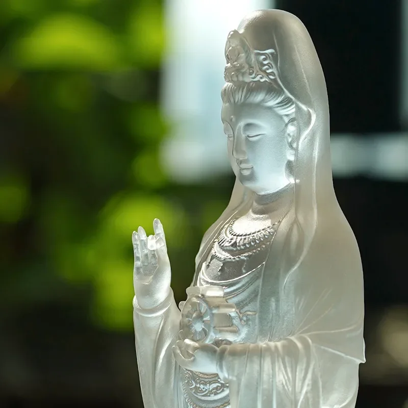 Glazed Guanyin Bodhisattva Statue Putuo Mountain Nanhai Indoor Home Decor Lotus Base Buddhist Art Figurine for Living Room