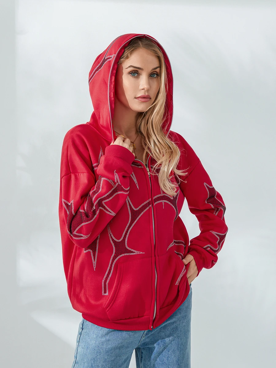 เสื้อสเวตเชิ้ตมีฮู้ดขนาดใหญ่สำหรับผู้หญิงพร้อมดีไซน์ลายพิมพ์ที่เป็นเอกลักษณ์และซิปปิดที่สะดวกสบาย เสื้อแจ็คเก็ตแขนยาวแสนสบายพร้อม