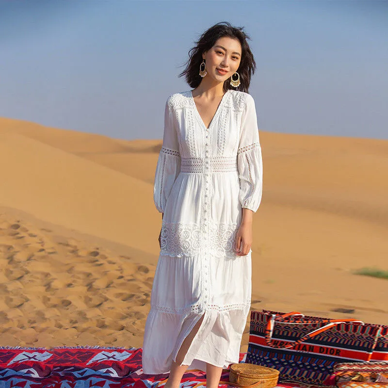 

Women Dress Long Sleeve Hollow Out Lace Midi Dress Simple Elegant Dress Beach Summer Spring Autumn 2022